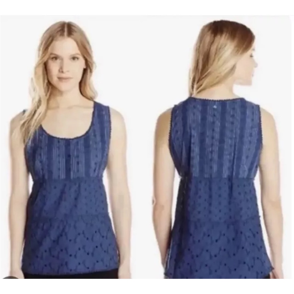 PrAna Tank Women's Small Kendall Eyelet Embroidered Blue 100% Cotton Made India